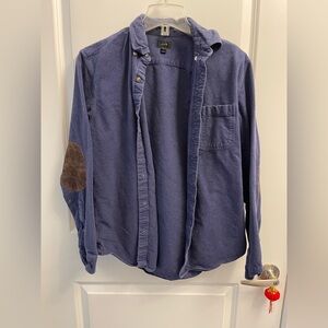 J. Crew Blue Casual Button Down Shirt Jacket with Brown Elbow Patches